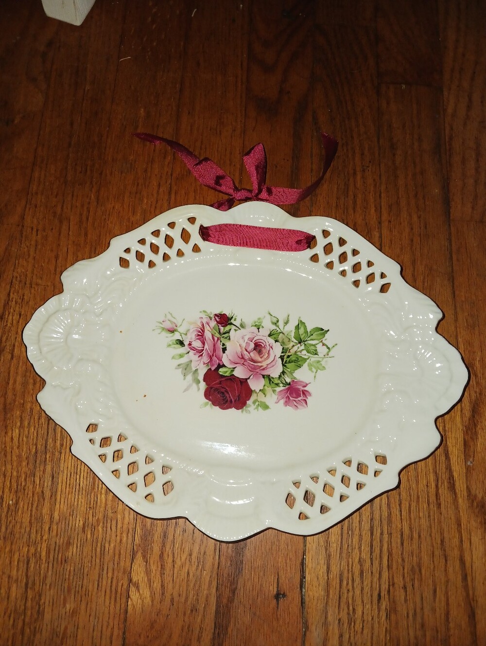 Decorative Formalities Rose Wall Plate with Pink Ribbon - White